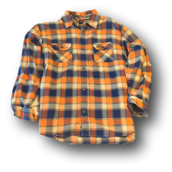 Navy tan and orange plaid flannel button-down shirt with snaps - Picture 1 of 3